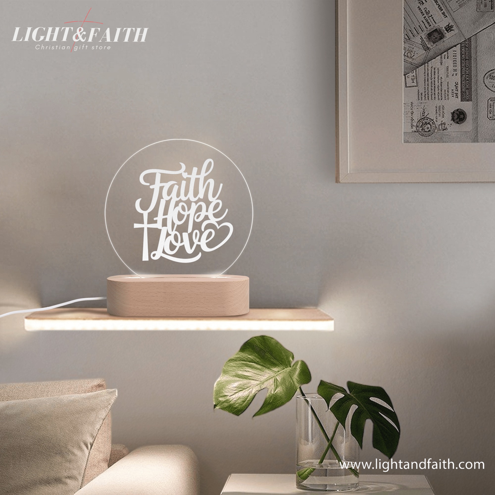 Faith, Hope, Love LED Light, Christian Bible Verse Lamp, Christian Home Decor, Faith Based Decor, Religious LED Light.  NLLAF24